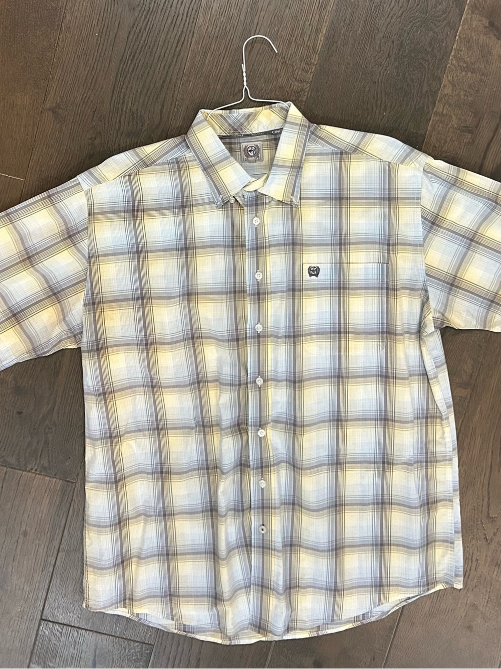 CINCH Men's Plaid Button-Down Shirt in Yellow Gray - Casual Short Sleeve Large